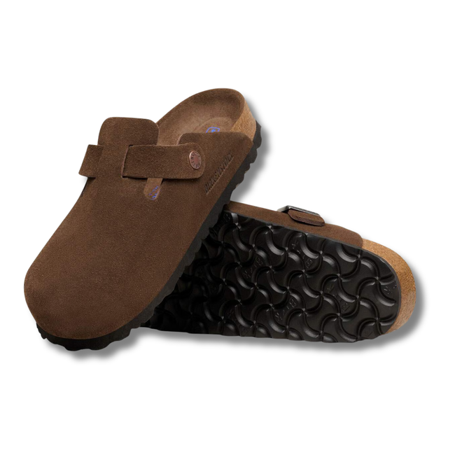 Top and sole of Birkenstock Unisex Boston Soft Footbed Suede Clog in Carafe