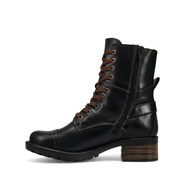 Medial side of Women's Taos Crave Boot in black leather. Combat boot style. Zipper and lace closure