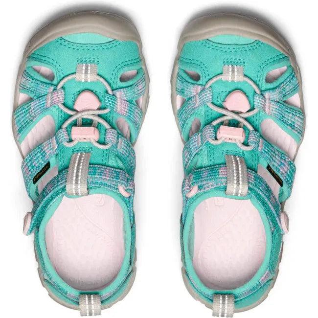 Upper of KEEN Little Kids Seacamp II CNX Sandal in Bright Aqua and Giggle Pink