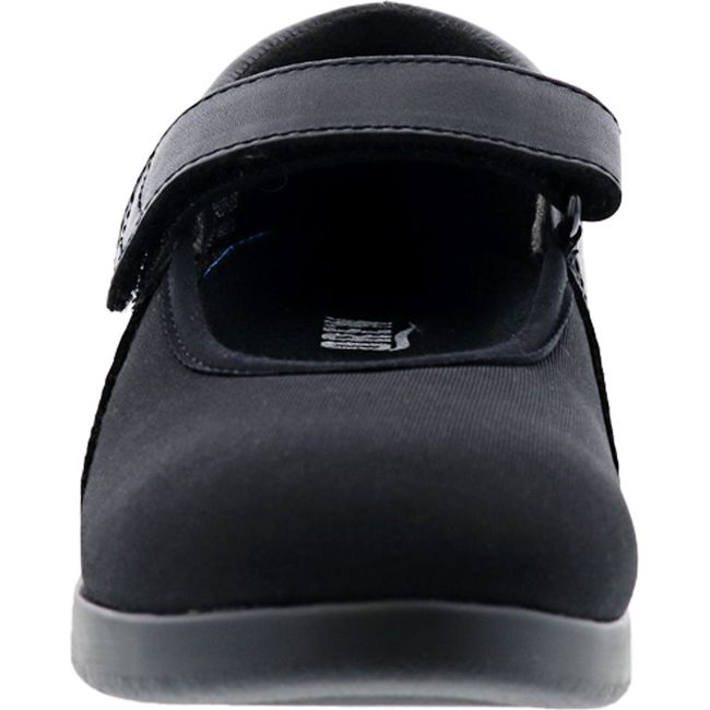 Front of Womens Drew Mary Jane Bloom II Shoe in Black Leather and mesh with velcro strap