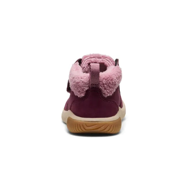 Heel of KEEN Toddlers’ KNX Middie Boot in purple Fig Lilas with pink faux wool