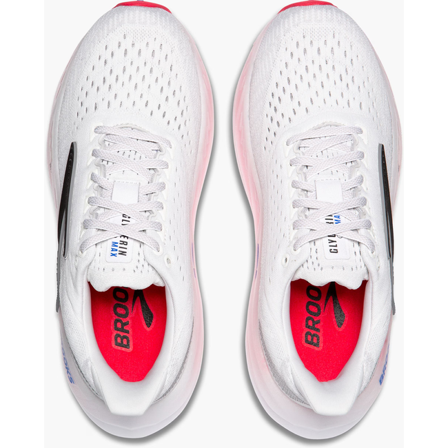 Top of Women&#39;s Brooks Glycerin Max Running Shoes. White upper with black and pink accents