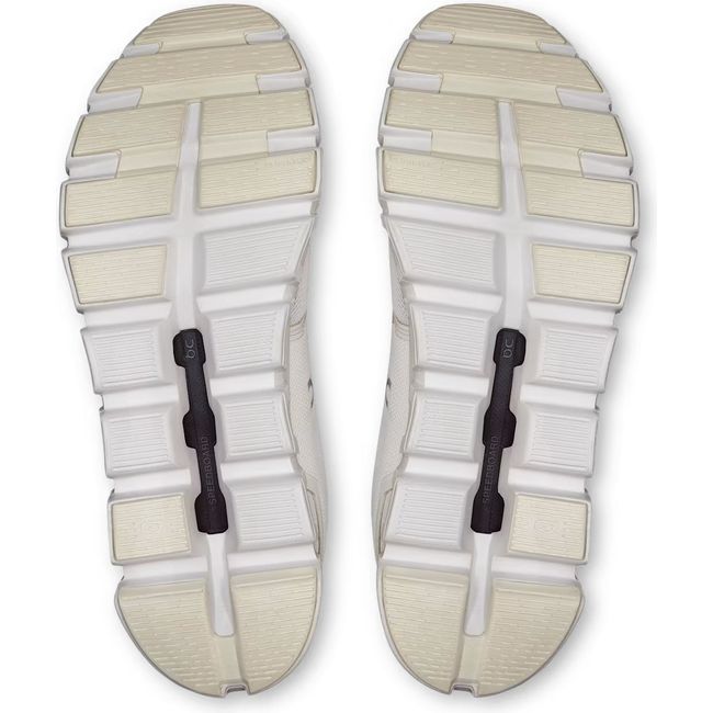 Soles of On Running Men's Cloud 6 Running Shoes in all white