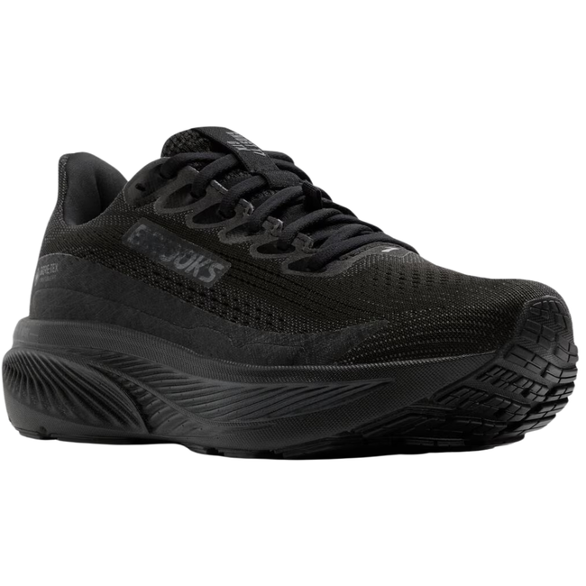 Front angled view of Brooks Women's Ghost 17 GTX Running Shoe in all black