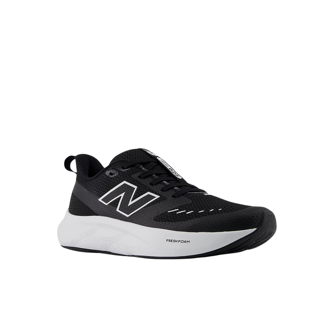 Front angled view of Kids New Balance Fresh Foam 625 Running Shoe in black mesh with a white sole