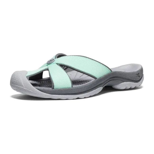 Front angled view of Women's KEEN Bali Slide Sandal in Lichen Steel Grey with closed toe