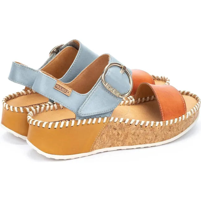 Back angled view of  Women's Pikolinos Marina Wedge Sandals with blue and orange leather straps