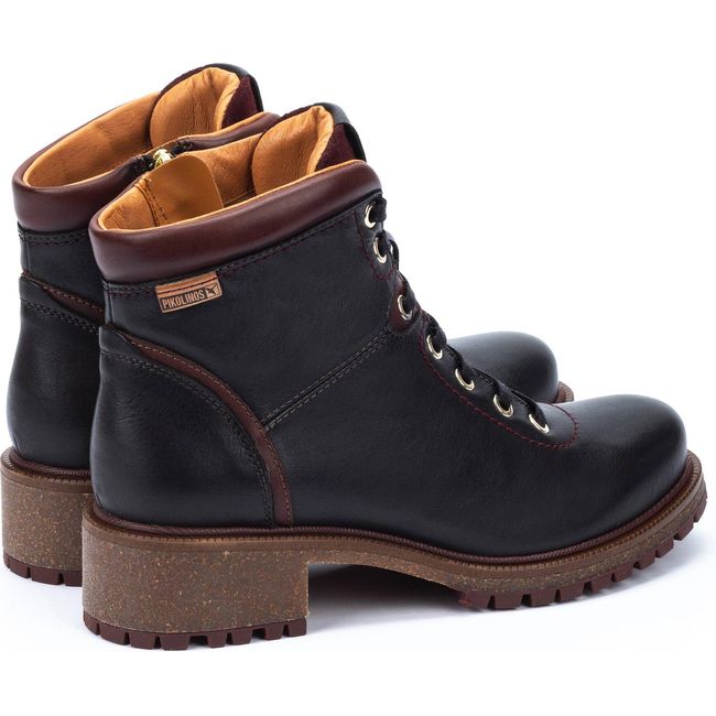 back view of a pair of Women's Pikolinos Aspe Lace up Ankle Boot in black leather with block heel