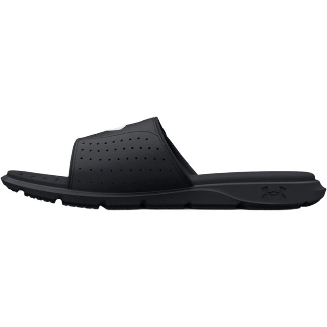 Medial side of Kids Under Armour Ignite Pro Slide in black with velcro strap