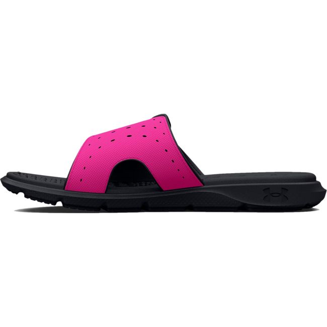 Medial side of Kids Under Armour Ignite Pro Slide in black and rebel pink with velcro strap