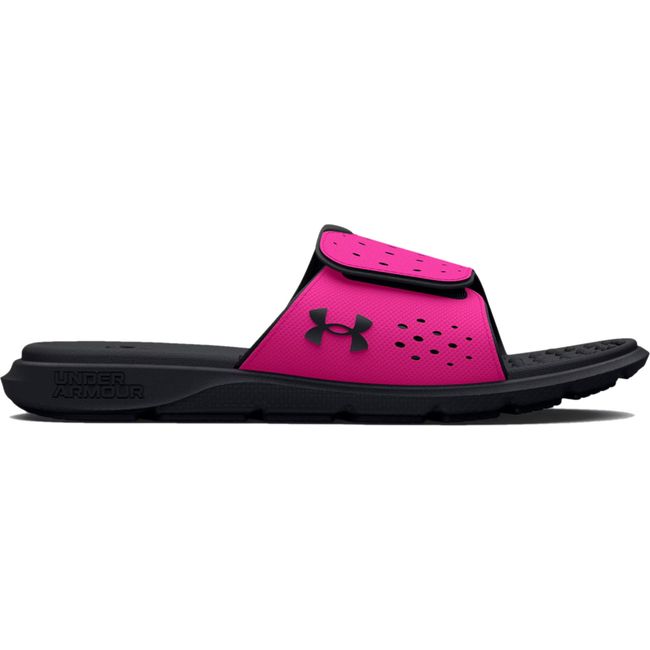 Lateral side of Kids Under Armour Ignite Pro Slide in black and rebel pink with velcro strap