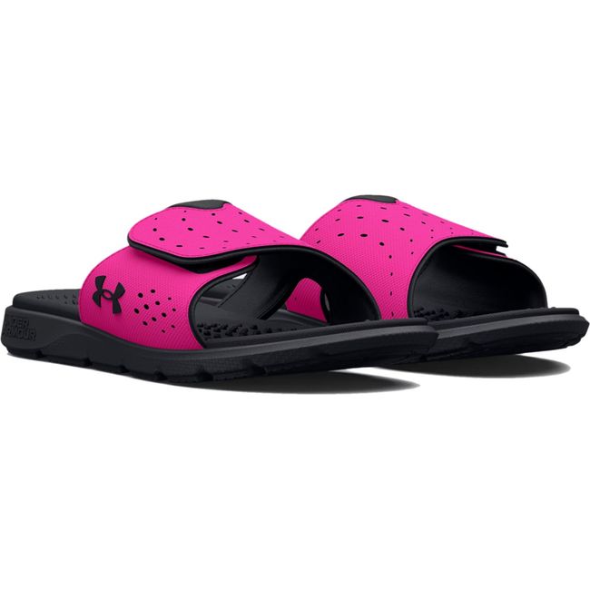 Pair of Kids Under Armour Ignite Pro Slide in black and rebel pink with velcro strap