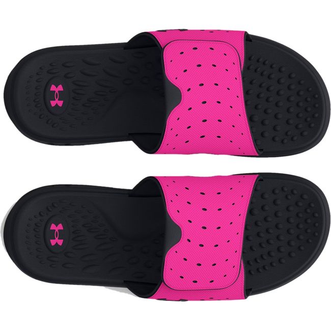 Top down view of Kids Under Armour Ignite Pro Slide in black and rebel pink with velcro strap