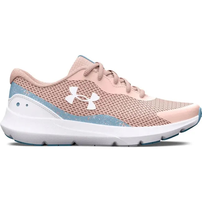 Lateral side of Kids Under Armour Surge 3 Running Shoes in mesh Orange Dream color