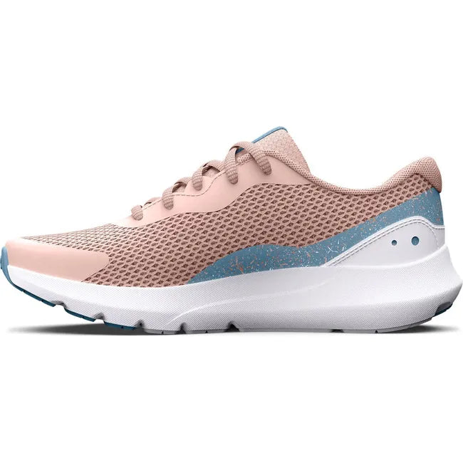 Medial side of Kids Under Armour Surge 3 Running Shoes in mesh Orange Dream color