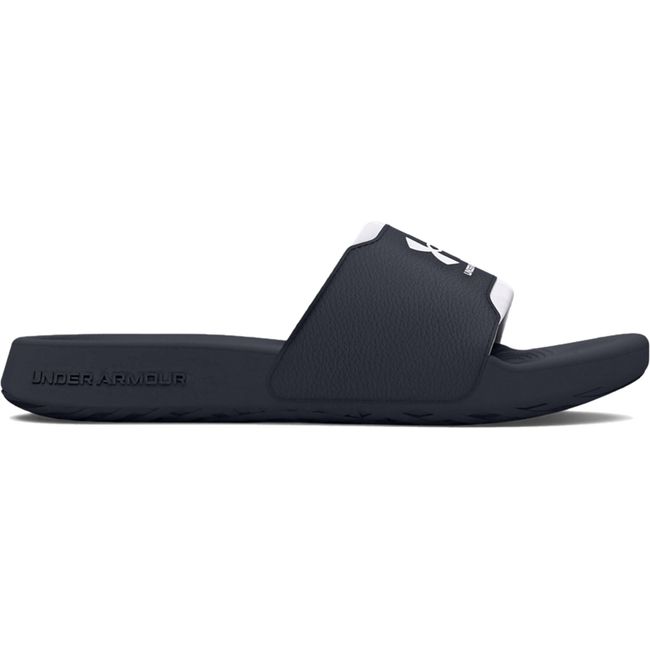 Lateral side of Women's Under Armour Ignite Select Slide in black with white accents on top strap