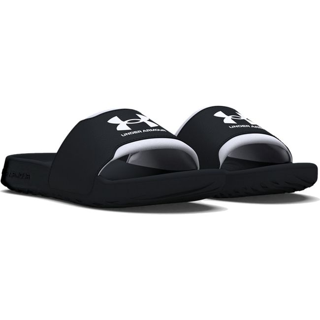 Pair of Women's Under Armour Ignite Select Slide in black with white accents on top strap