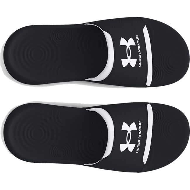Top down view of Women's Under Armour Ignite Select Slide in black with white accents on top strap