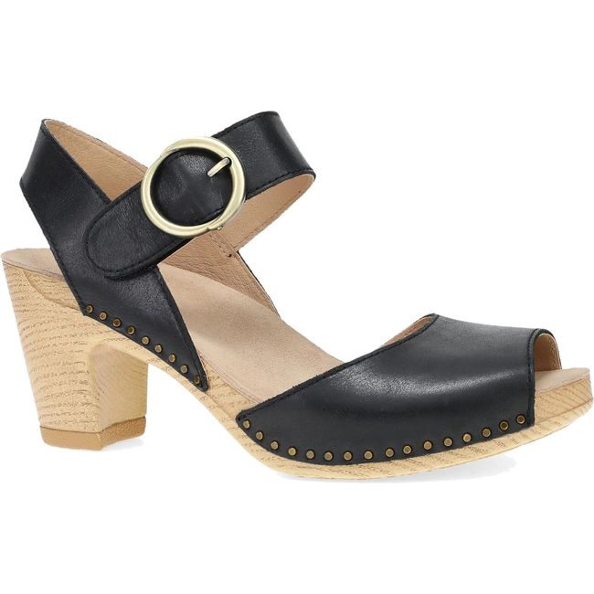 Lateral side of Women's Dansko Tamra Heel in Black Pull Up leather with velcro backstrap