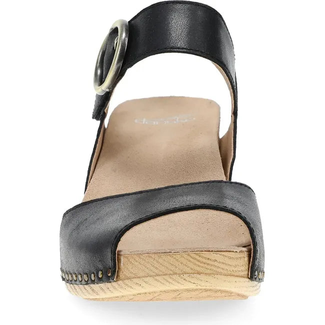 Front of Women's Dansko Tamra Heel in Black Pull Up leather with velcro backstrap