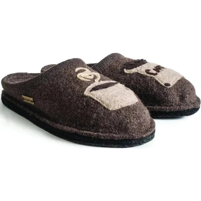 Pair of Haflinger Unisex Coffee Slipper in earth brown with coffee patches on each slipper