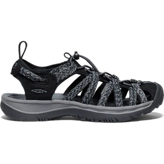 Lateral of Women&#39;s KEEN Whisper Closed Toe Sandal in Black and Steel Grey