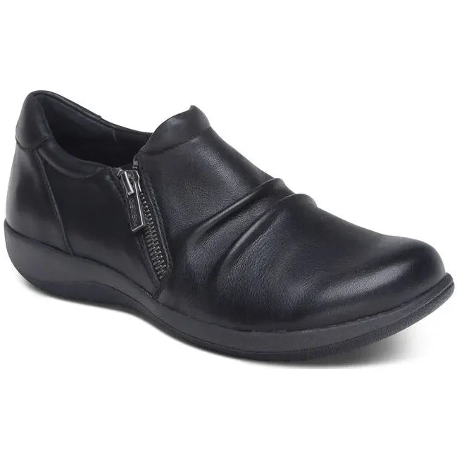 Front angled view of Aetrex Women's Katie Shoe in Black Leather