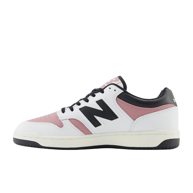 Medial side of Unisex New Balance 480 Lifestyle Shoe in white, rosewood pink, and black leather
