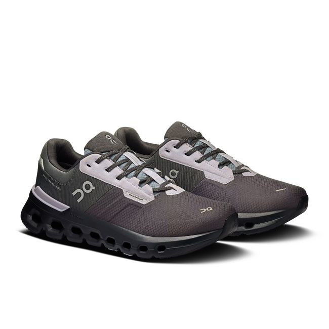 Pair of On Running Women's Cloudrunner 2 Waterproof Running Shoes in Iron Nimbus gray and purple