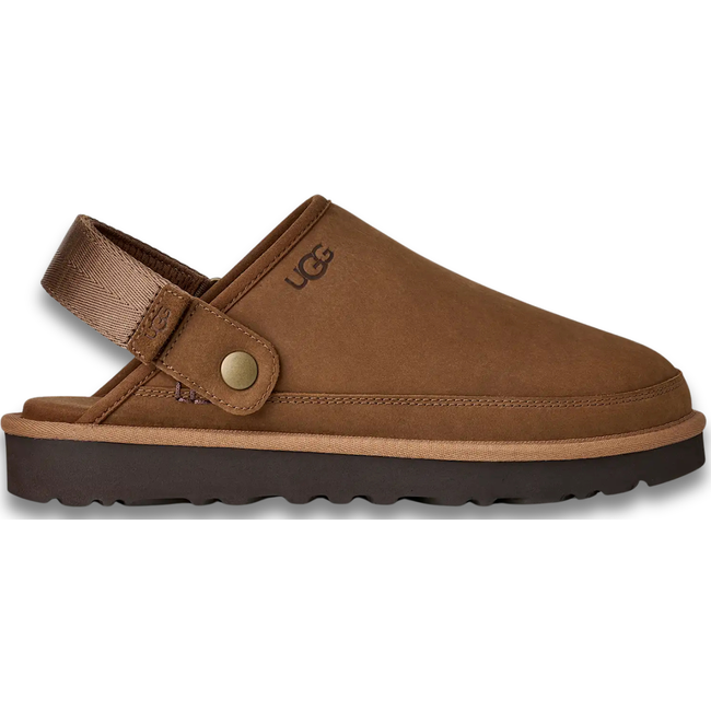 Lateral side of UGG Men's Goldencoast Clog II Nubuck in Dark Chestnut Brown