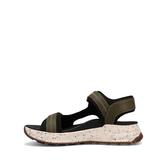 Medial side of Women's Taos Super Side Sandal in Olive Emboss with velcro straps