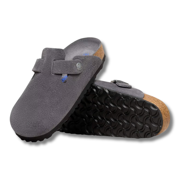 Top and sole of Birkenstock Unisex Boston Soft Footbed Suede Clog in Charcoal
