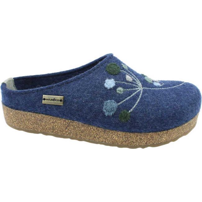 Lateral side of Women&#39;s Haflinger Amaya Clogs in jeans blue color with cork sole