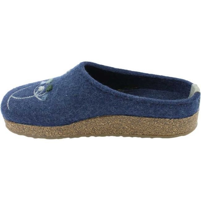 Medial side of Women&#39;s Haflinger Amaya Clogs in jeans blue color with cork sole