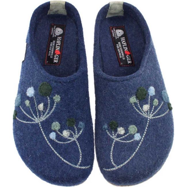Top down view of Women&#39;s Haflinger Amaya Clogs in jeans blue color with cork sole