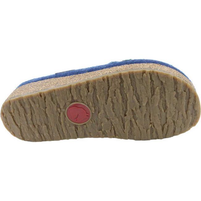 Sole of Women&#39;s Haflinger Amaya Clogs in jeans blue color with cork sole and tan rubber tread