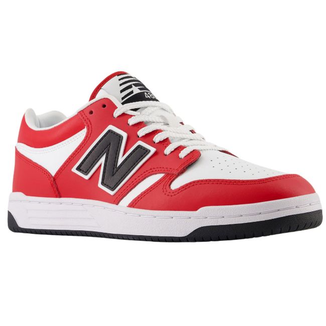 Front angled view of New Balance Unisex 480 Lifestyle Shoe in team red, white, and black