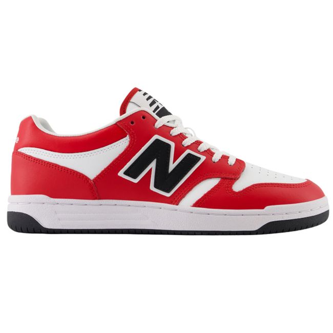 Lateral side of New Balance Unisex 480 Lifestyle Shoe in team red, white, and black