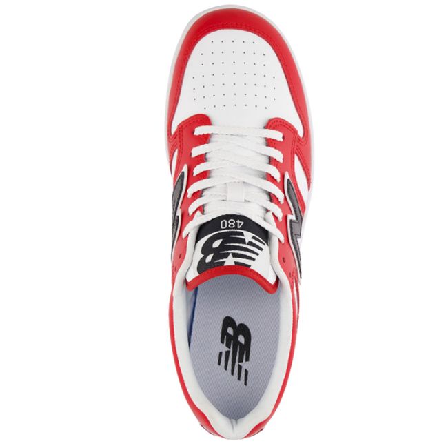 Upper of New Balance Unisex 480 Lifestyle Shoe in team red, white, and black