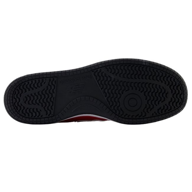 Black outsole of New Balance Unisex 480 Lifestyle Shoe in team red, white, and black