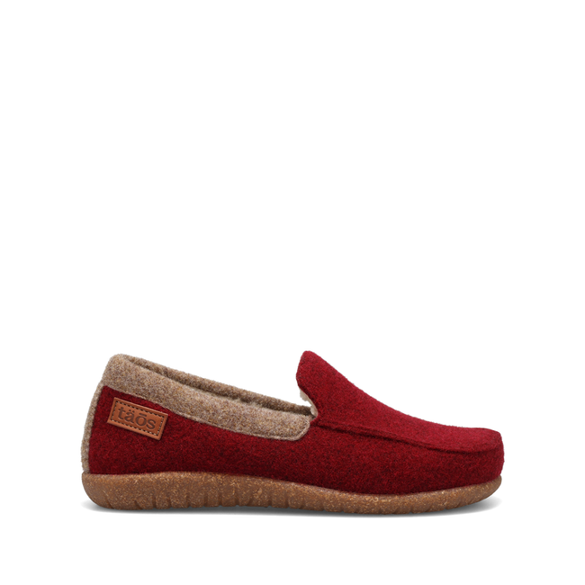 Lateral profile of the Taos Woolfer loafer in cranberry red wool