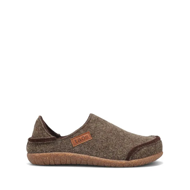 Lateral side of Women's Taos Convertawool House Slipper in brown olive wool