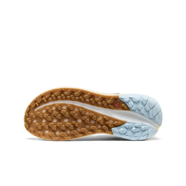 Off white sole of KEEN Women&#39;s Roam Trail Running Shoe in magnet grey and blue