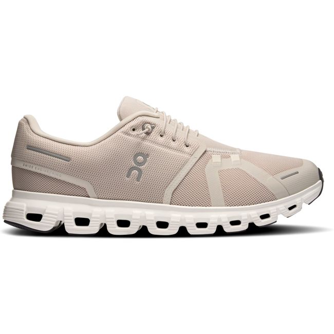 Lateral side of On Running Men's Cloud 6 Slip On Running Shoe in Pearl Beige and White