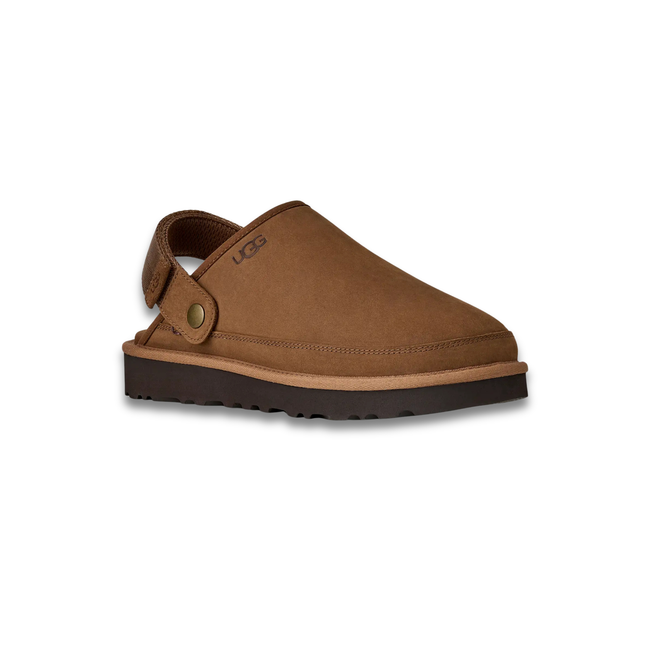 Front angled view of UGG Men's Goldencoast Clog II Nubuck in Dark Chestnut Brown