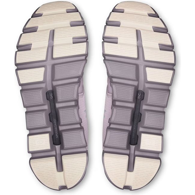 Soles of of Women's On Running Cloud 6 Waterproof Running Shoes in Mauve Zinc with hollow cloud pods