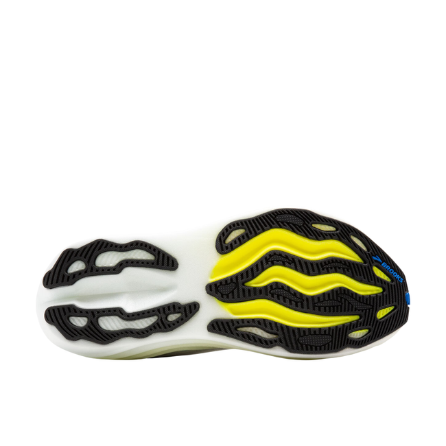 Sole of Men's Brooks Glycerin Max Running Shoes. White sole with yellow accents and black tread