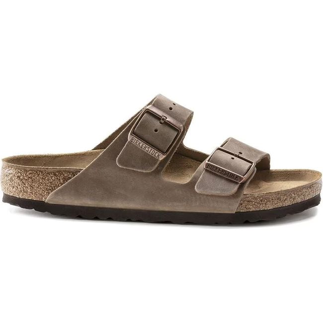Lateral side of Birkenstock Unisex Arizona Oiled Leather Sandal in tobacco brown