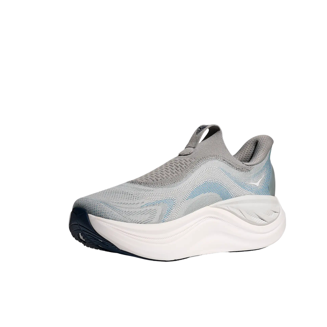 Angled Medial side of Hoka Men's Skyward Laceless Recovery Shoe in Stardust Grey