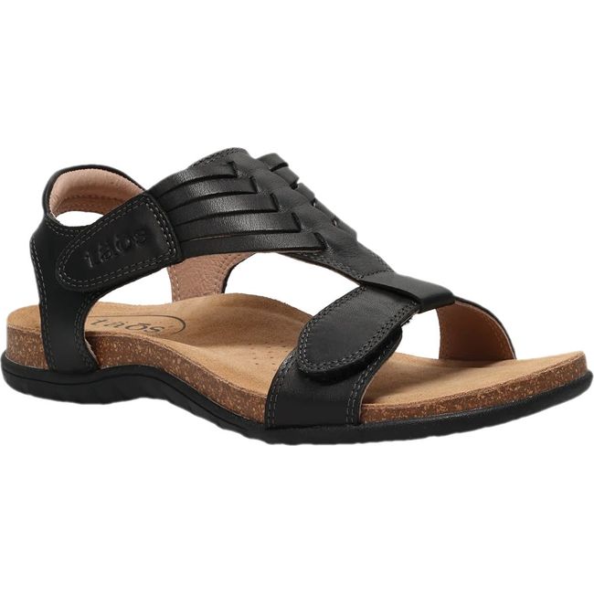 Front angled view of Women&#39;s Taos Wonderful Cork Support Sandal in black leather with velcro straps
